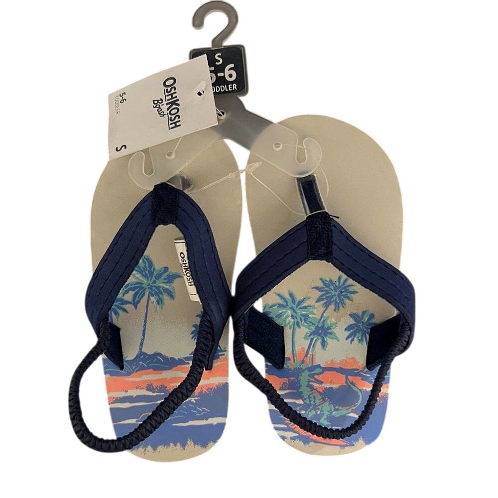 Toddler Boys Oshkosh Flip Flops Blue Grey Palm Tree Ocean Size Small SM 5-6 New